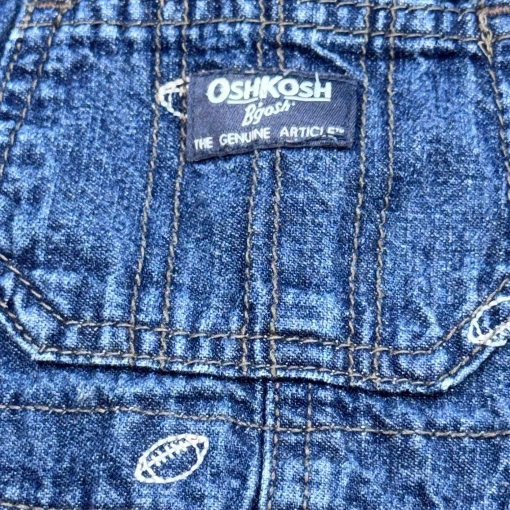 OshKosh B'gosh Baby Boy 9M Football Embroidered Denim Overalls Dark Wash Blue